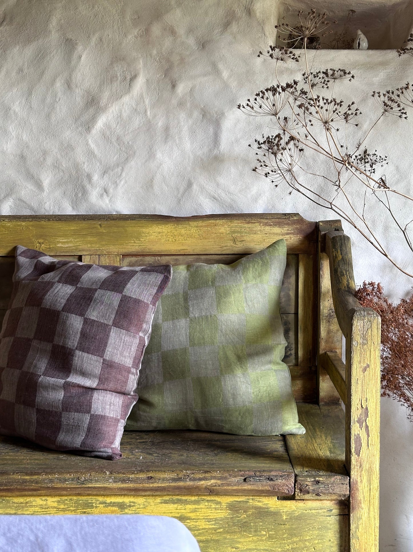 V.VM Moss Green Check Linen Pillow – 50 x 50 cm