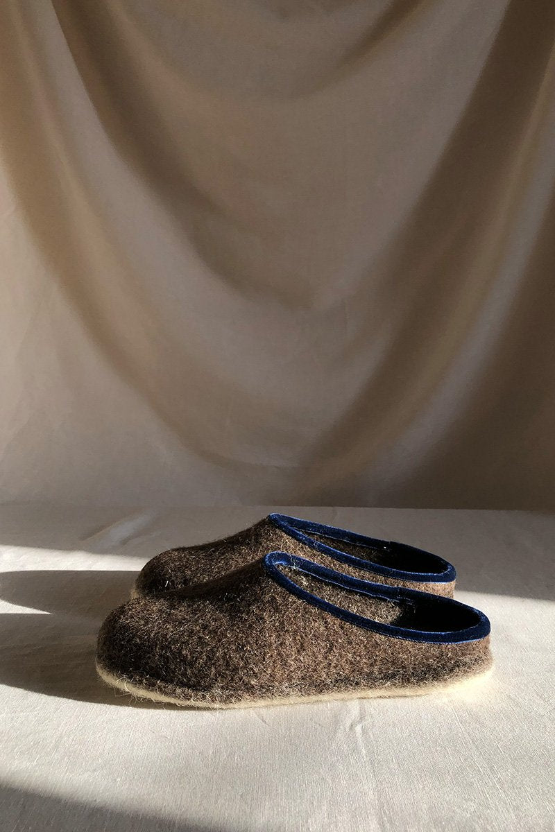 Wool Slippers - Brown W/Blue Velvet Trim