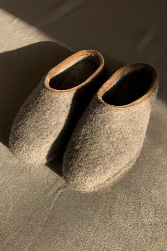 Wool Slippers - Grey W/Beige Velvet Trim