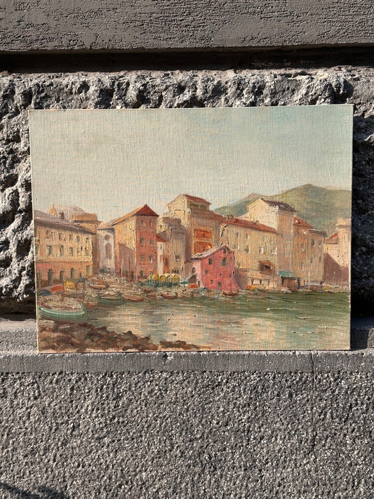 Antique Painting - Italian Seaside Village - 1975