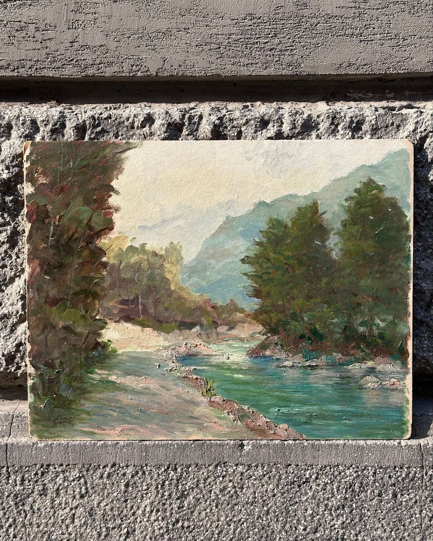 Antique Painting - Italian Mountains & River- 1975
