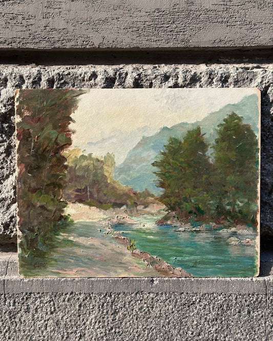 Antique Painting - Italian Mountains & River- 1975