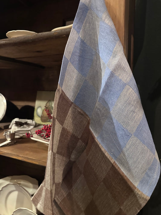 V.VM Double Check Linen Tea Towel - Light Blue & Chocolate Brown