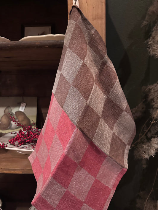 V.VM Double Check  Linen Tea Towel - Tomato Red & Chocolate Brown