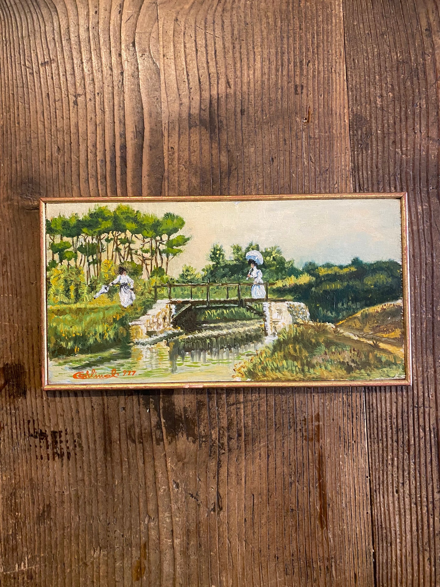 Antique Oil Painting – “Figures by the Bridge”