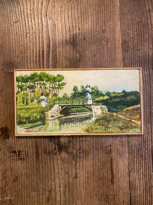 Antique Oil Painting – “Figures by the Bridge”