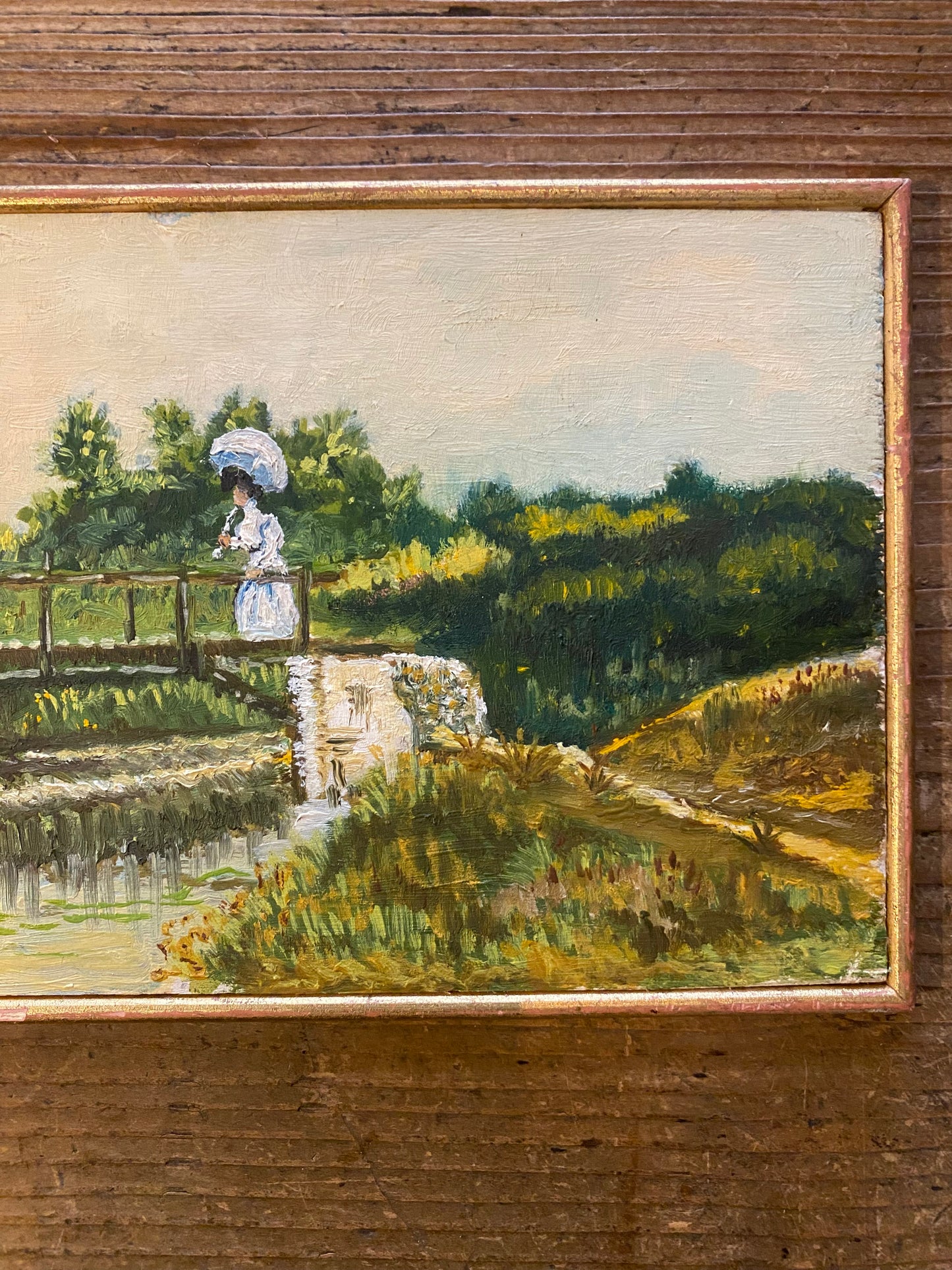 Antique Oil Painting – “Figures by the Bridge”