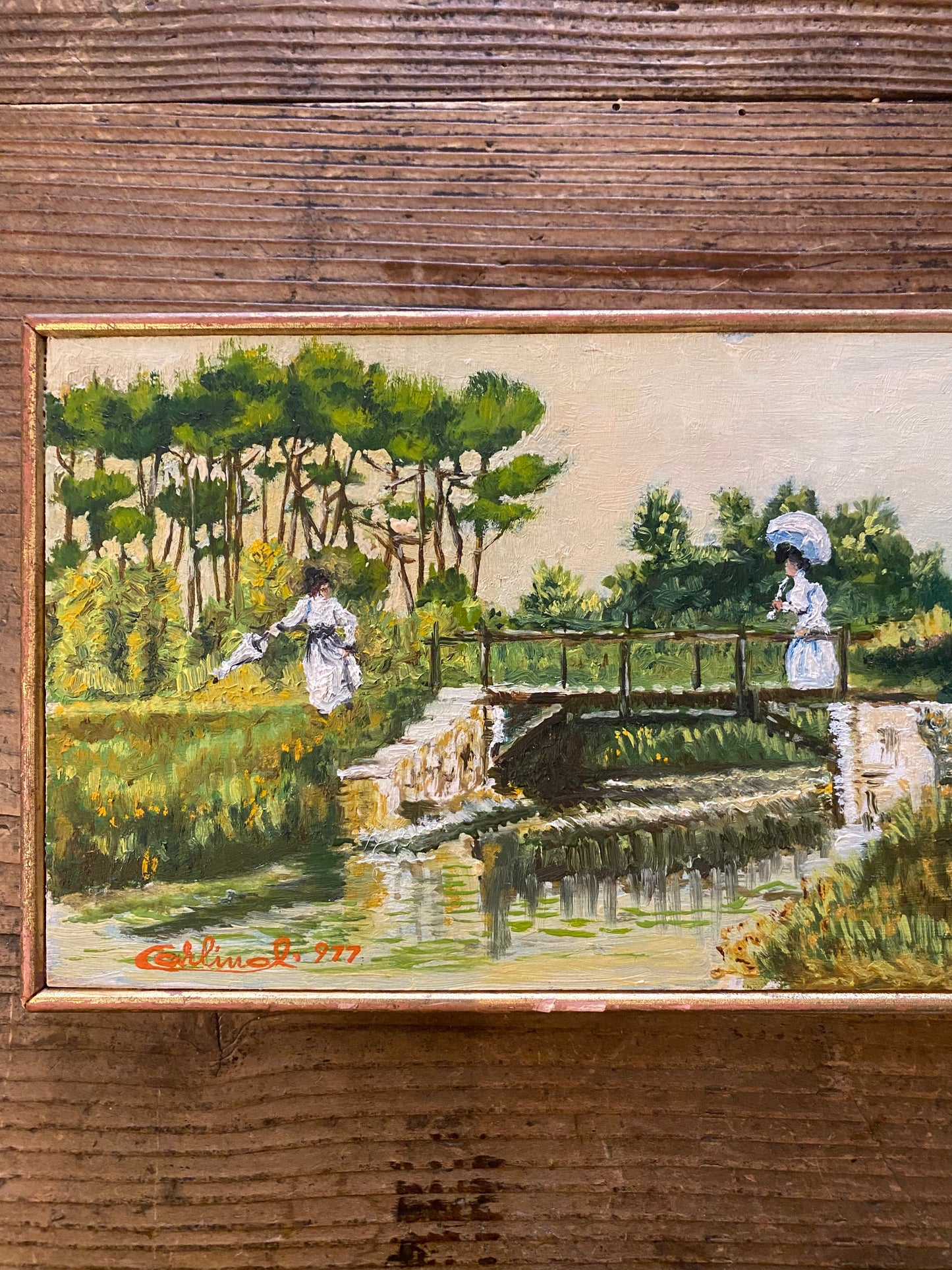 Antique Oil Painting – “Figures by the Bridge”