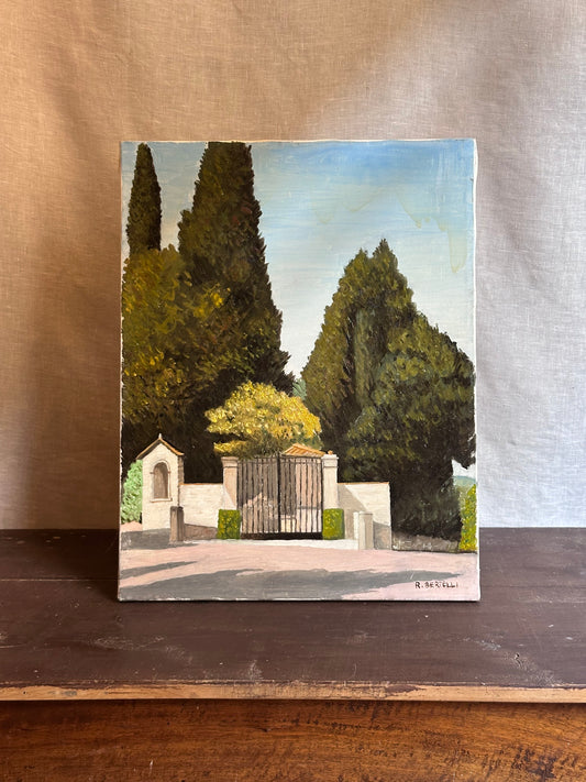 Antique Italian Oil Painting – “Cypress Gate” by R. Bertelli