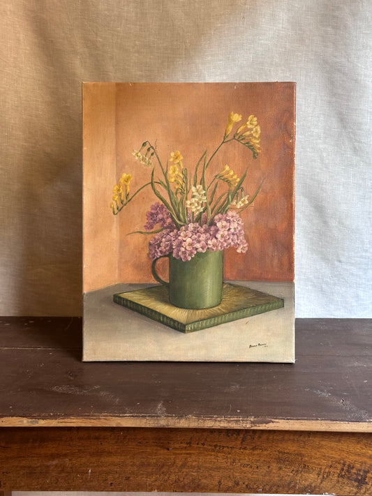 Antique Italian Oil Painting – “Wildflowers in Green Mug” by Bianca Martini