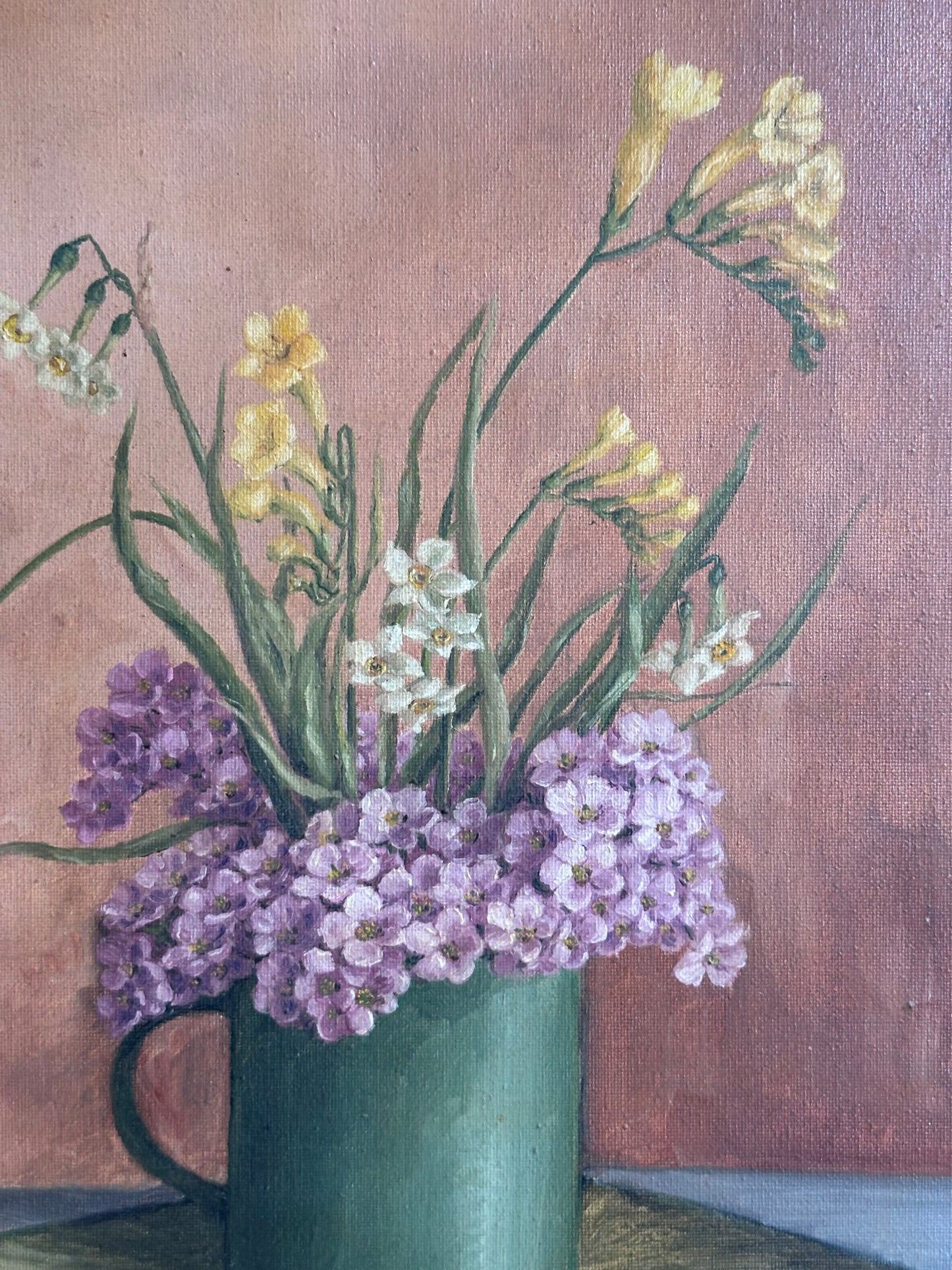 Antique Italian Oil Painting – “Wildflowers in Green Mug” by Bianca Martini