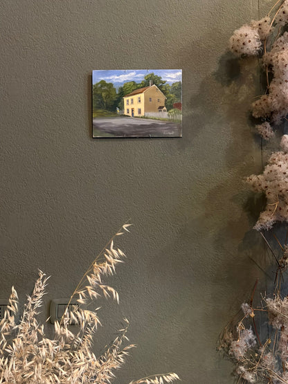 Dipinto ad olio Casa gialla con bandiera ucraina