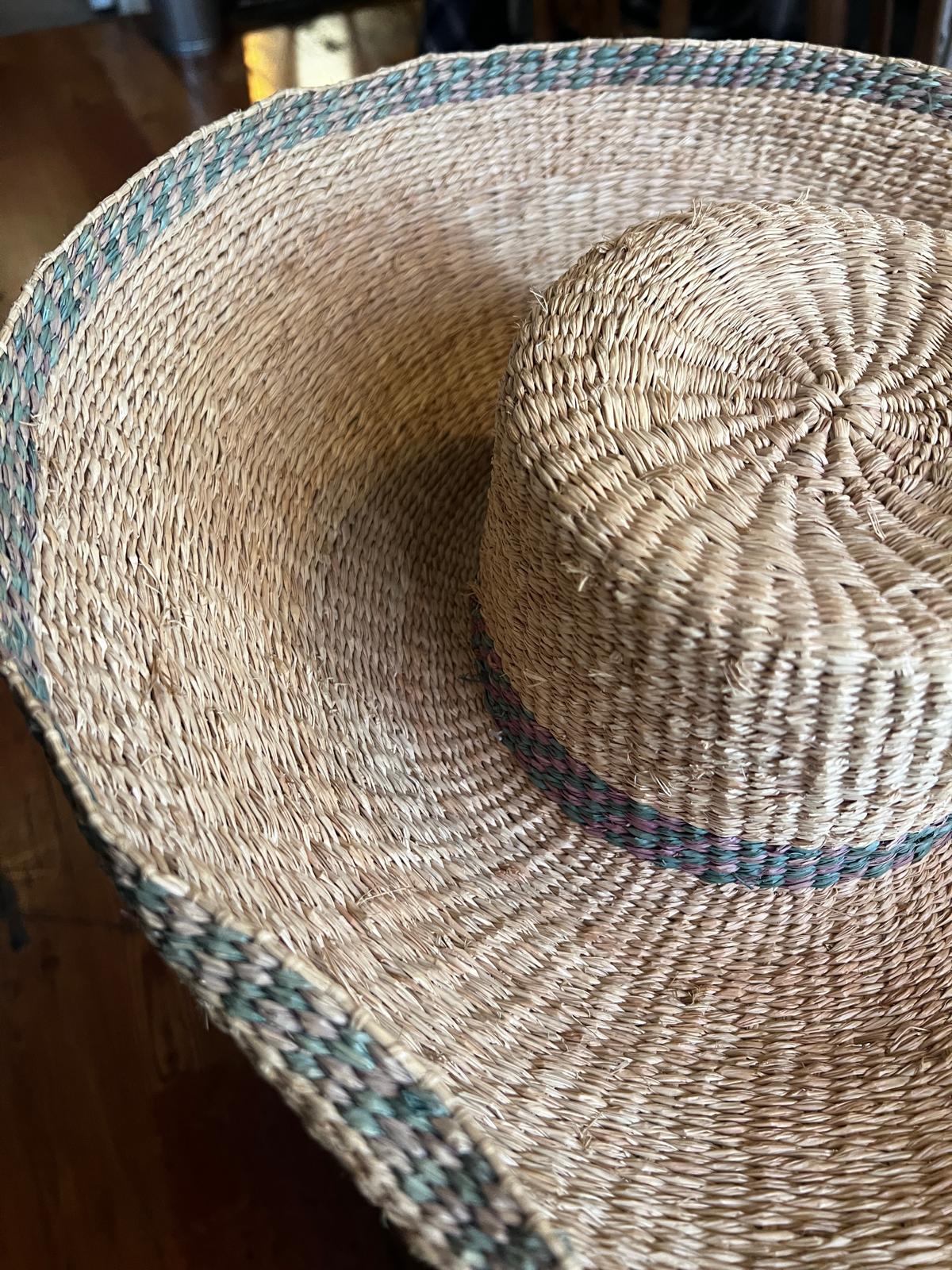 Vintage Wide Brim Straw Hat W/Green Line