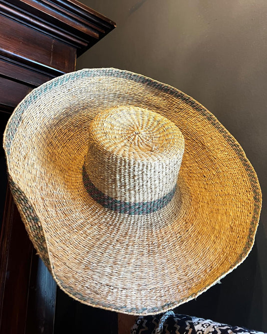 Vintage Wide Brim Straw Hat W/Green Line