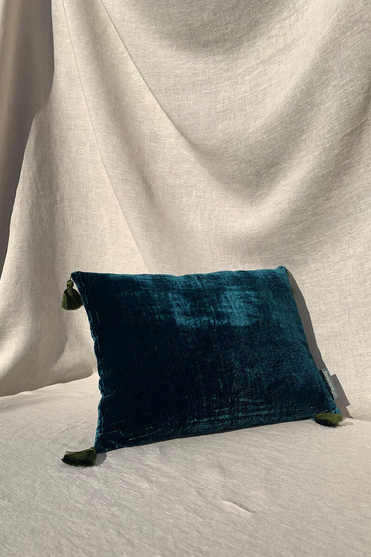 Velvet Tassels Cushion - Blue Coral