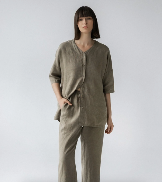 Women's Linen Loungewear Set - Khaki