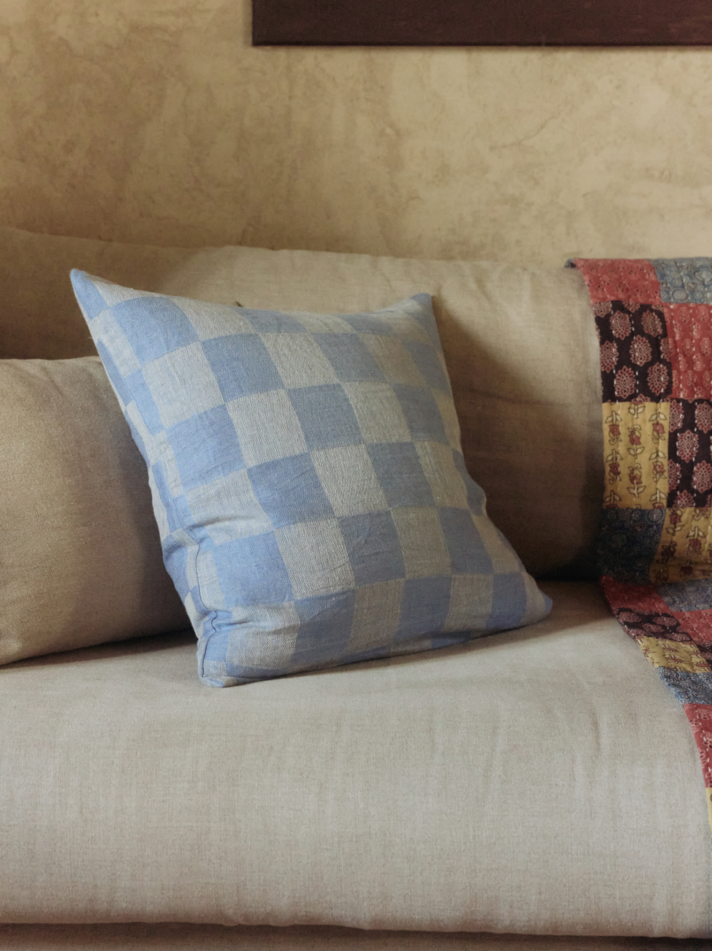 V.VM Light Blue Check Linen Pillow – 50 x 50 cm