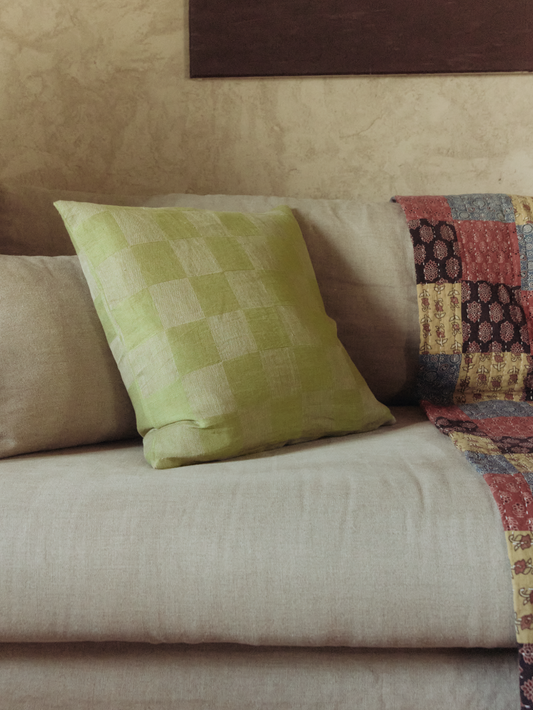V.VM Moss Green Check Linen Pillow – 50 x 50 cm
