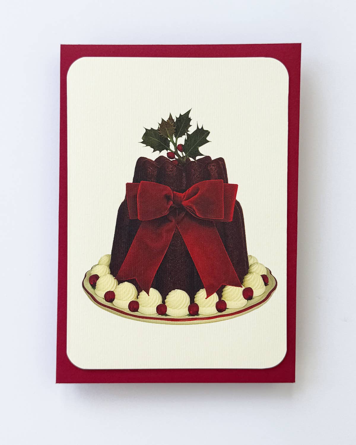 Christmas Plum Pudding Red Velvet Bow Greeting Card
