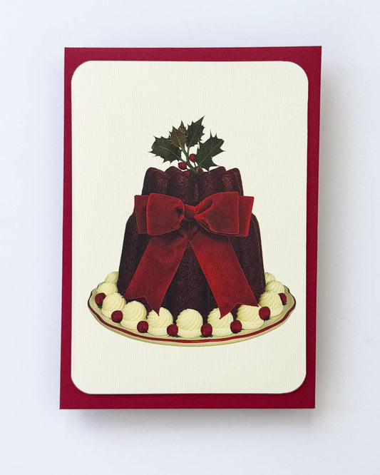 Christmas Plum Pudding Red Velvet Bow Greeting Card